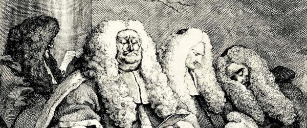 William Hogarth: Die Richter (Oberrichter Sir John Willes und Henry Bathurst), erste Fassung. 1758, Radierung mit Kupferstich, 16,5 × 19,7 cm London, The British Museum, Department of Prints and Drawings