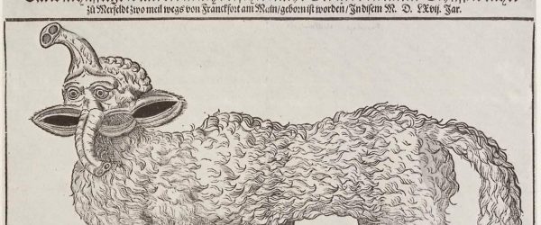 Matthäus Franck: Mißgestaltetes Schaf, geboren in Meersfeld bei Frankfurt. 1567, Holzschnitt, 27,5 × 37 cm. Zürich, Zentralbibliothek. Gedruckt von Matthäus Franck in Augsburg