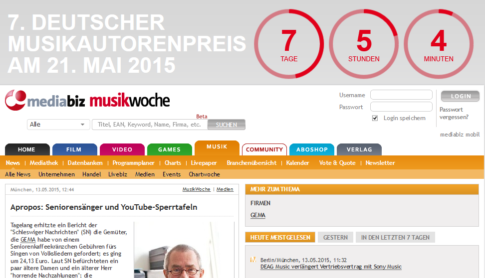 Website der MusikWoche - oder doch der GEMA?