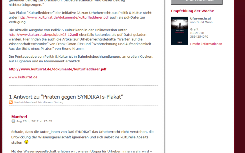 Websiteeintrag des Syndikats. Screenshot: 29.8.2012: 8:50