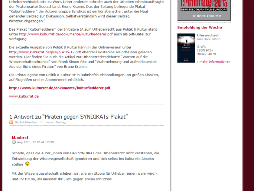 Websiteeintrag des Syndikats. Screenshot: 29.8.2012: 8:50