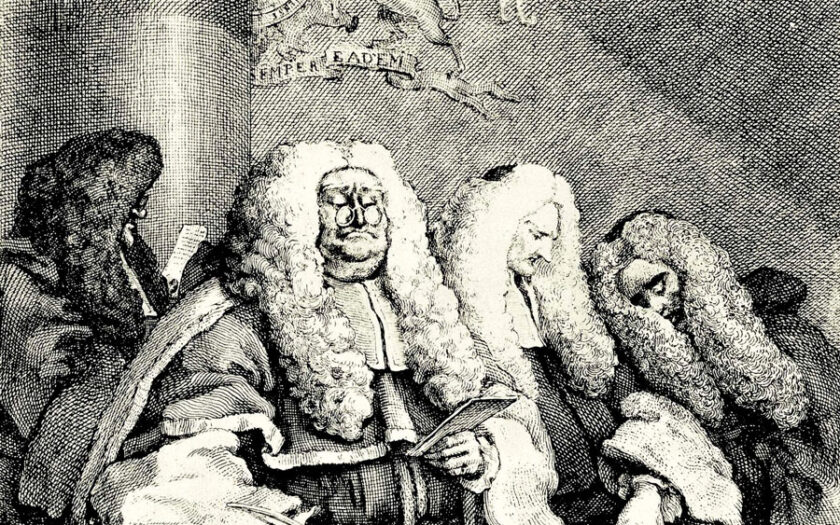 William Hogarth: Die Richter (Oberrichter Sir John Willes und Henry Bathurst), erste Fassung. 1758, Radierung mit Kupferstich, 16,5 × 19,7 cm London, The British Museum, Department of Prints and Drawings