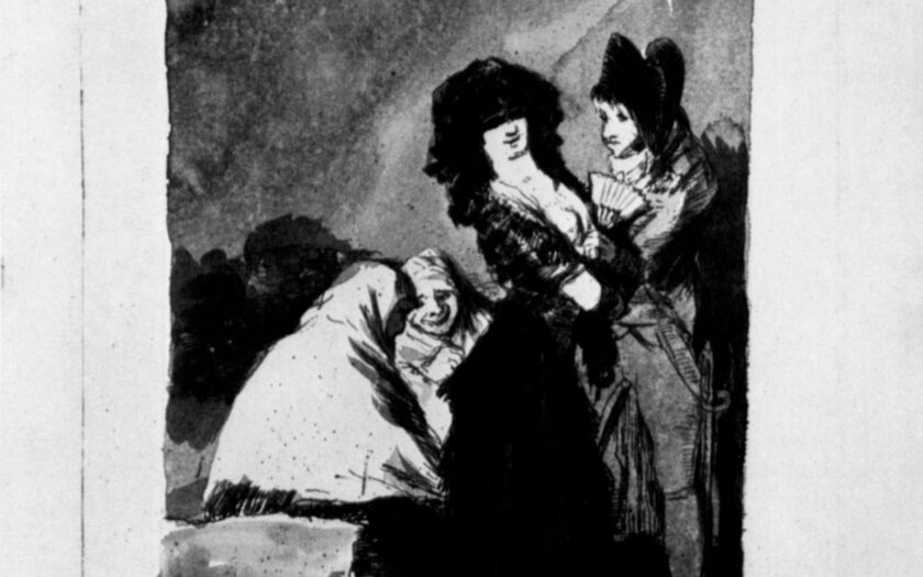 Francisco de Goya y Lucientes: Zeichnungen für »Los Caprichos«: »Neunzehnter Traum, Die alten Lachen sich tot, weil sie wissen, daß er nicht einen Pfennig besitzt«, 1797–1798, Feder in Sepia, mit Chinatusche laviert, auf Papier, 24,5 × 18,5 cm. Madrid, Museo del Prado.
