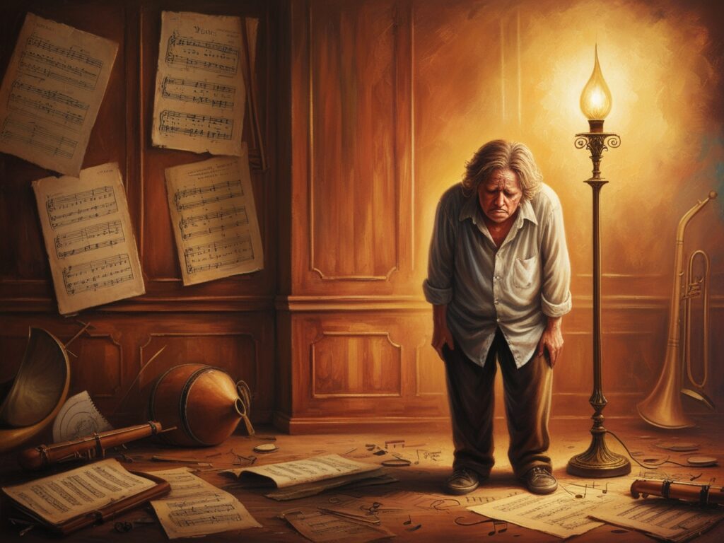 Default A weary music teacher exhausted and worn out stands on 0