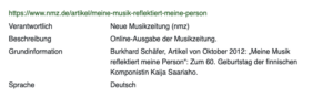 MUGI Redaktion, Artikel „Kaija Saariaho“, in: MUGI. Musikvermittlung und Genderforschung: Lexikon und multimediale Präsentationen, hg. von Beatrix Borchard, Nina Noeske und Silke Wenzel, HfMT Hamburg, 2003ff. und HfM Weimar, 2022ff. Stand vom 9. Juni 2023, online verfügbar unter https://mugi.hfmt-hamburg.de/receive/mugi_person_00000703, zuletzt abgerufen am 25. Juni 2024.