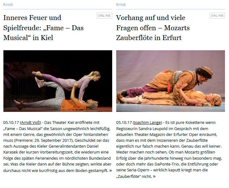 Der Unterschied zwischen Musical und Singspiel dargestellt durch Szenenfotos. „Zauberflöte“ in Erfurt vs. „Fame“ in Kiel.